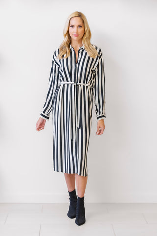 Apricot B&W Striped Shirt Dress