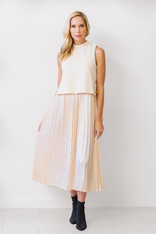 Mixed Media Pleated Dress in Ivory