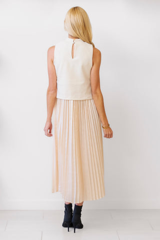 Mixed Media Pleated Dress in Ivory