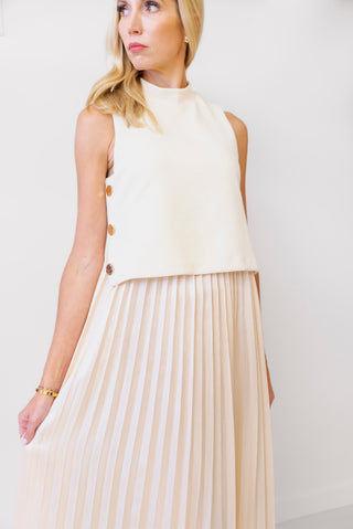 Mixed Media Pleated Dress in Ivory