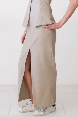 Moon River Straight Fit Midi Skirt in Taupe