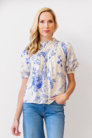 THML Printed Blouse in Cream and Blue