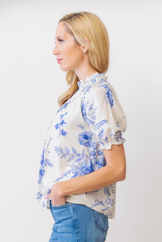 THML Printed Blouse in Cream and Blue