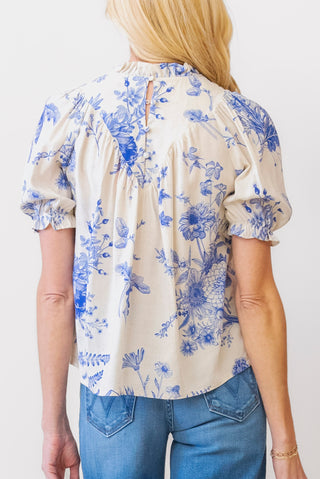 THML Printed Blouse in Cream and Blue