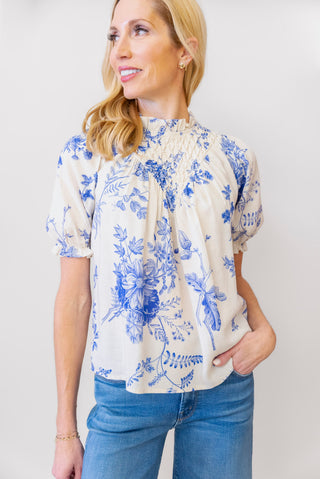 THML Printed Blouse in Cream and Blue