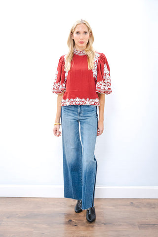 FARM RIO Bicolor Palm Tree Embroidered Blouse