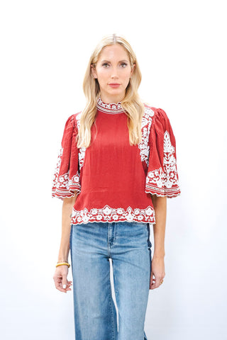 FARM RIO Bicolor Palm Tree Embroidered Blouse