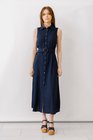 Apricot Belted Linen Midi Dress