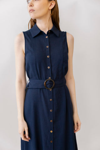 Apricot Belted Linen Midi Dress