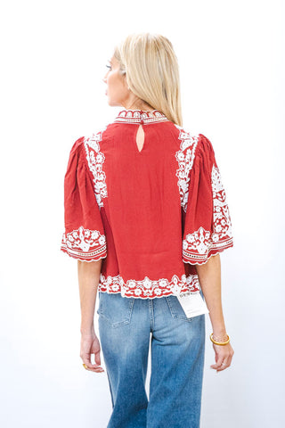 FARM RIO Bicolor Palm Tree Embroidered Blouse
