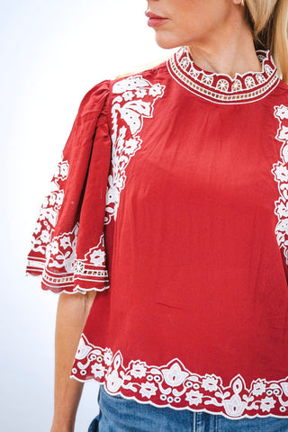 FARM RIO Bicolor Palm Tree Embroidered Blouse