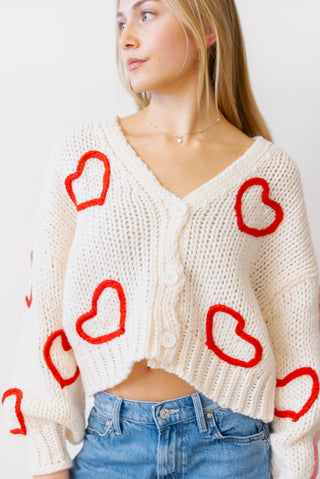 Loose Knit Cardi with Red Hearts