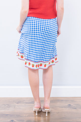 Person wearing a blue gingham skirt with red accents on a plain background
