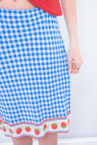 Blue and white checkered skirt with strawberry pattern on a plain background
