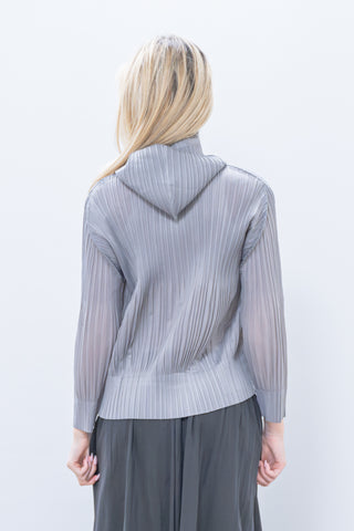 Person wearing a light gray pleated blouse with a hood against a white background