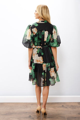 NANCY YANG Tiered Puff Sleeve Dress