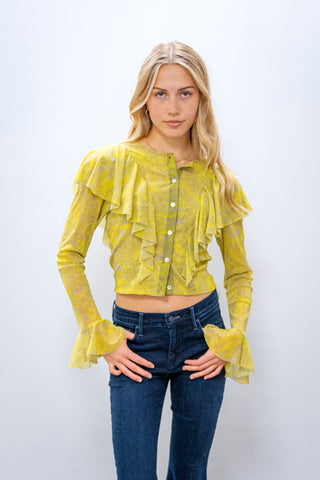 PETIT POIS Chartruese Paisley Blouse w/ Flounce