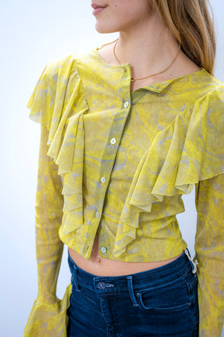 PETIT POIS Chartruese Paisley Blouse w/ Flounce