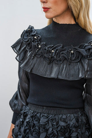 NANCY Beaded Fringe Ruffled Top