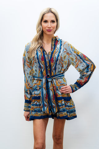 FARM Rio Blue Mosaic Garden Belted Mini Dress, Mosaic Garden SOFT Blue / L FARM Rio Blue Mosaic Garden Belted Mini Dress, Mosaic Garden SOFT Blue / L